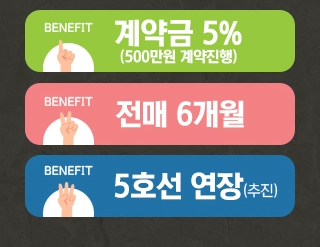 베네핏 - 1.계약금 5%(500%만원 계약진행) 2.전매 6개월 3.호선 연장(추진)